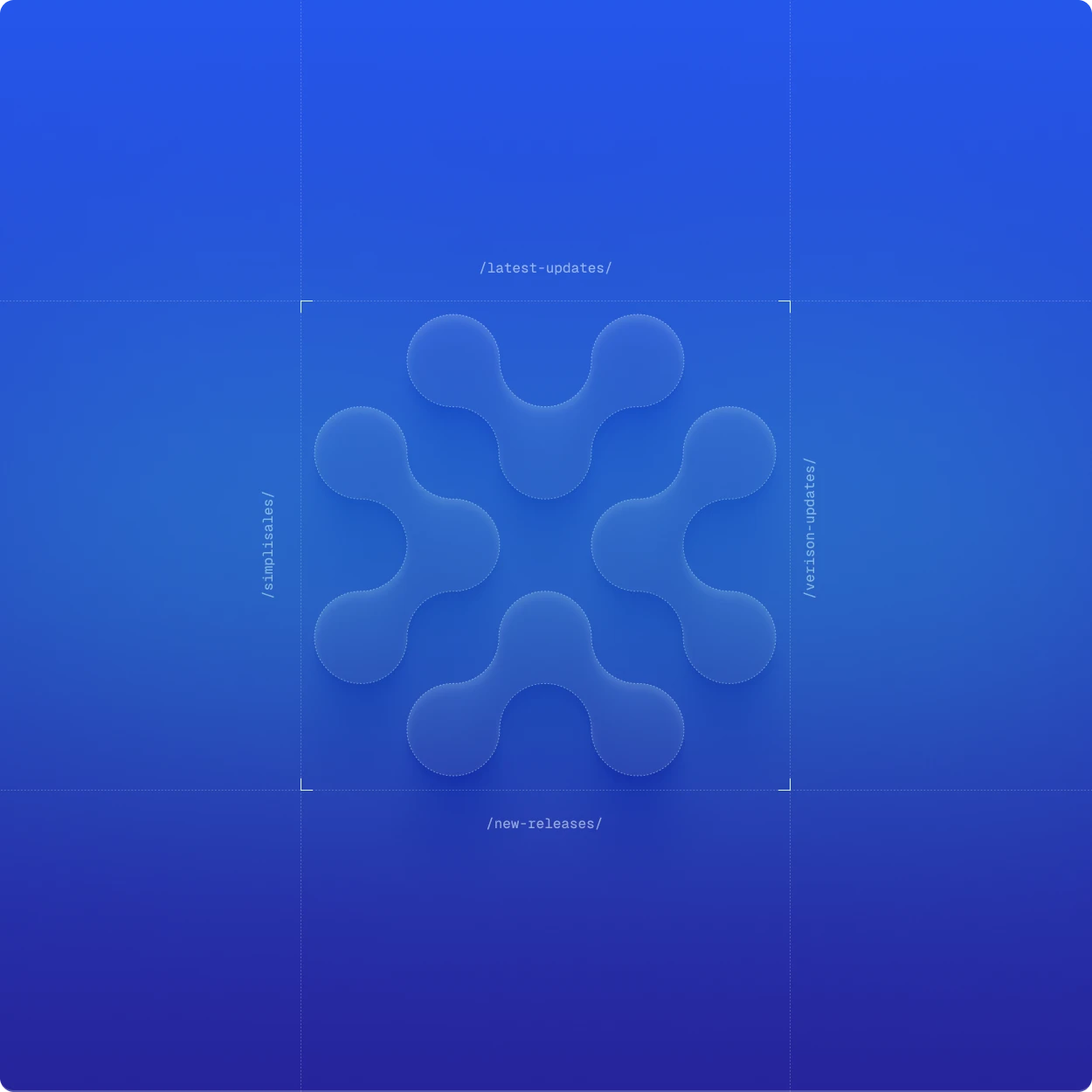 Brand identity work: a rounded six-armed mark centred inside crop marks on a saturated blue ground