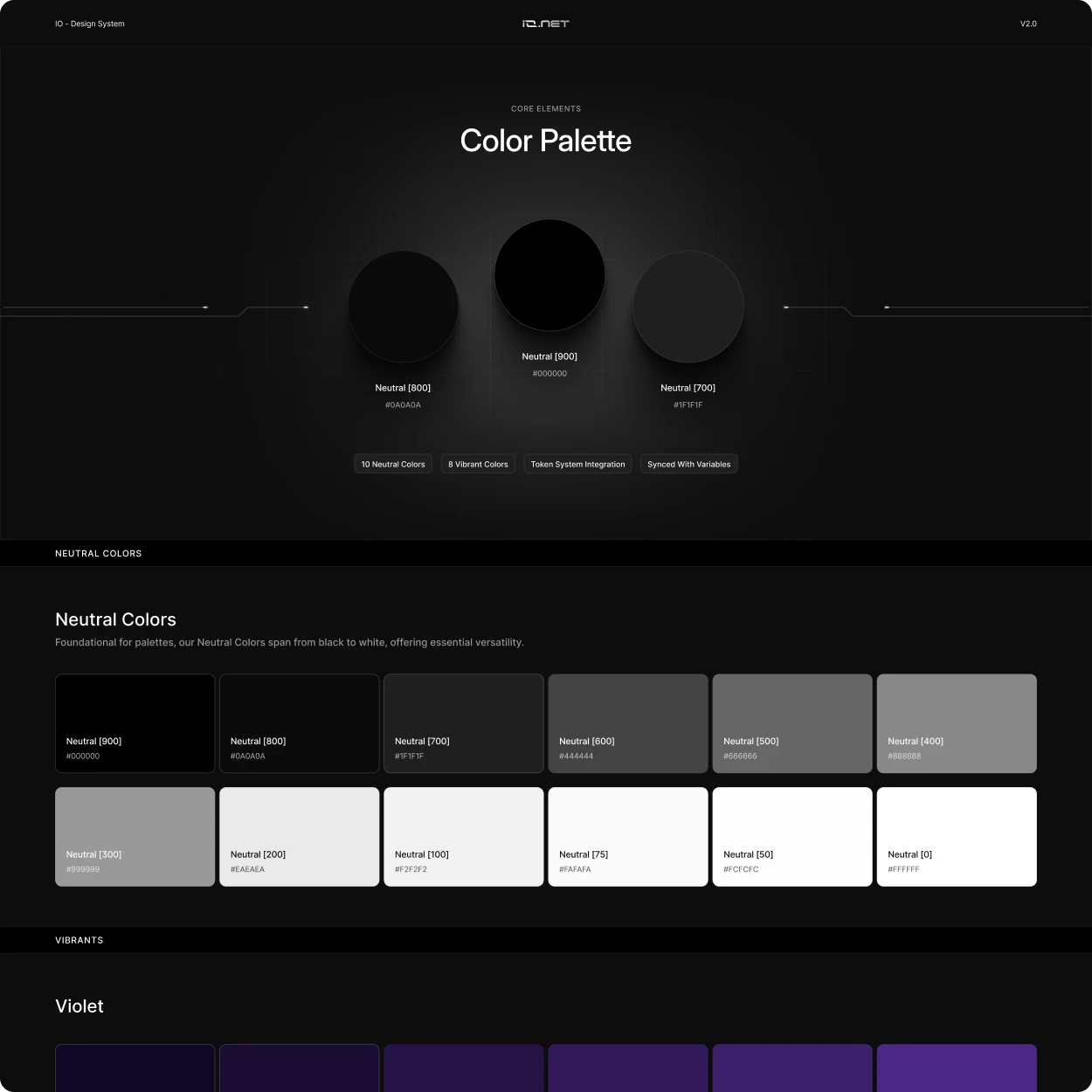Design system work: a colour palette page, neutral swatches with their hex values on a dark ground
