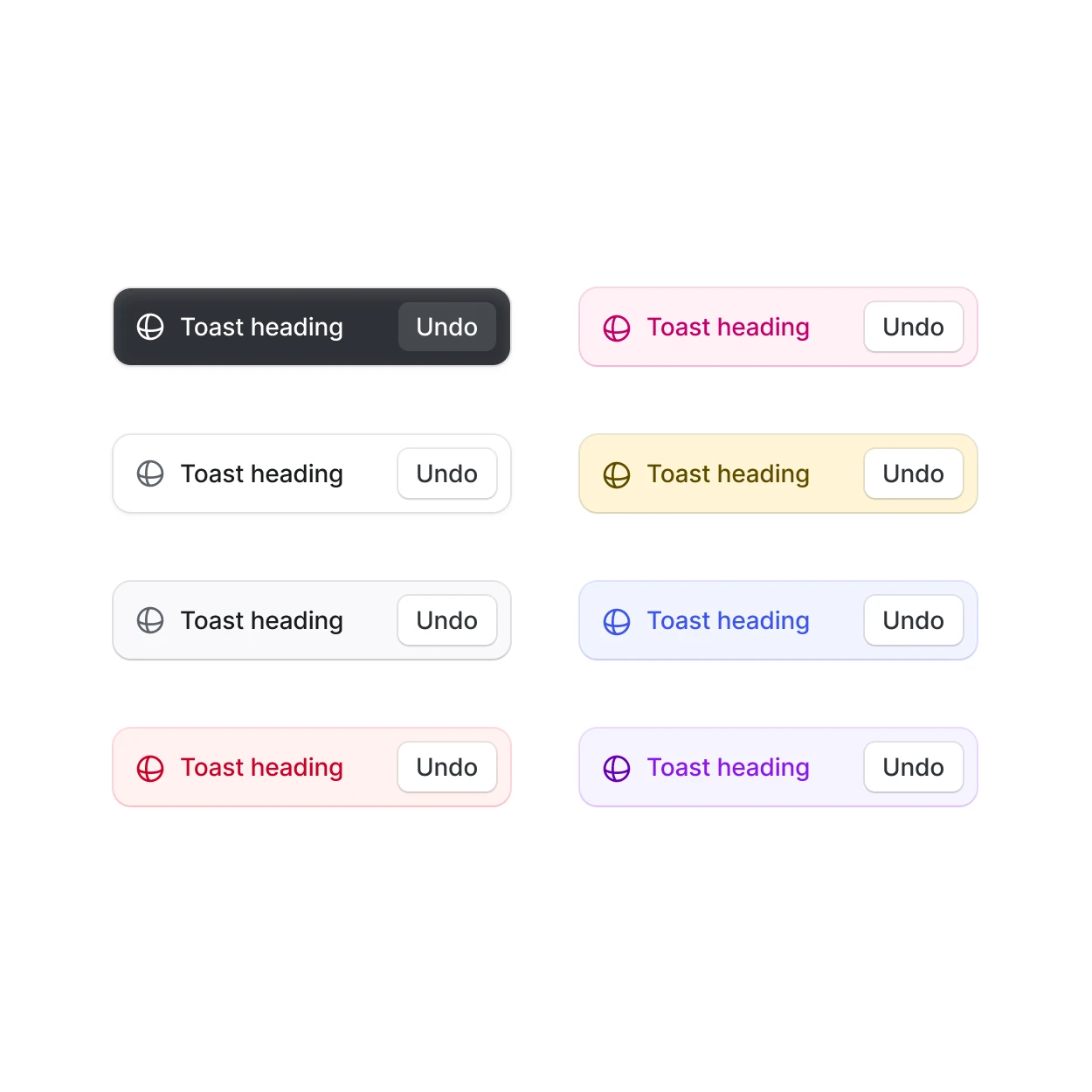 Design system work: a toast component sheet, eight variants of one component in its different states