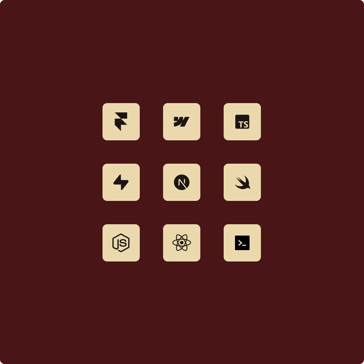 Development work: a three by three grid of framework and language marks on cream tiles, on a deep maroon ground