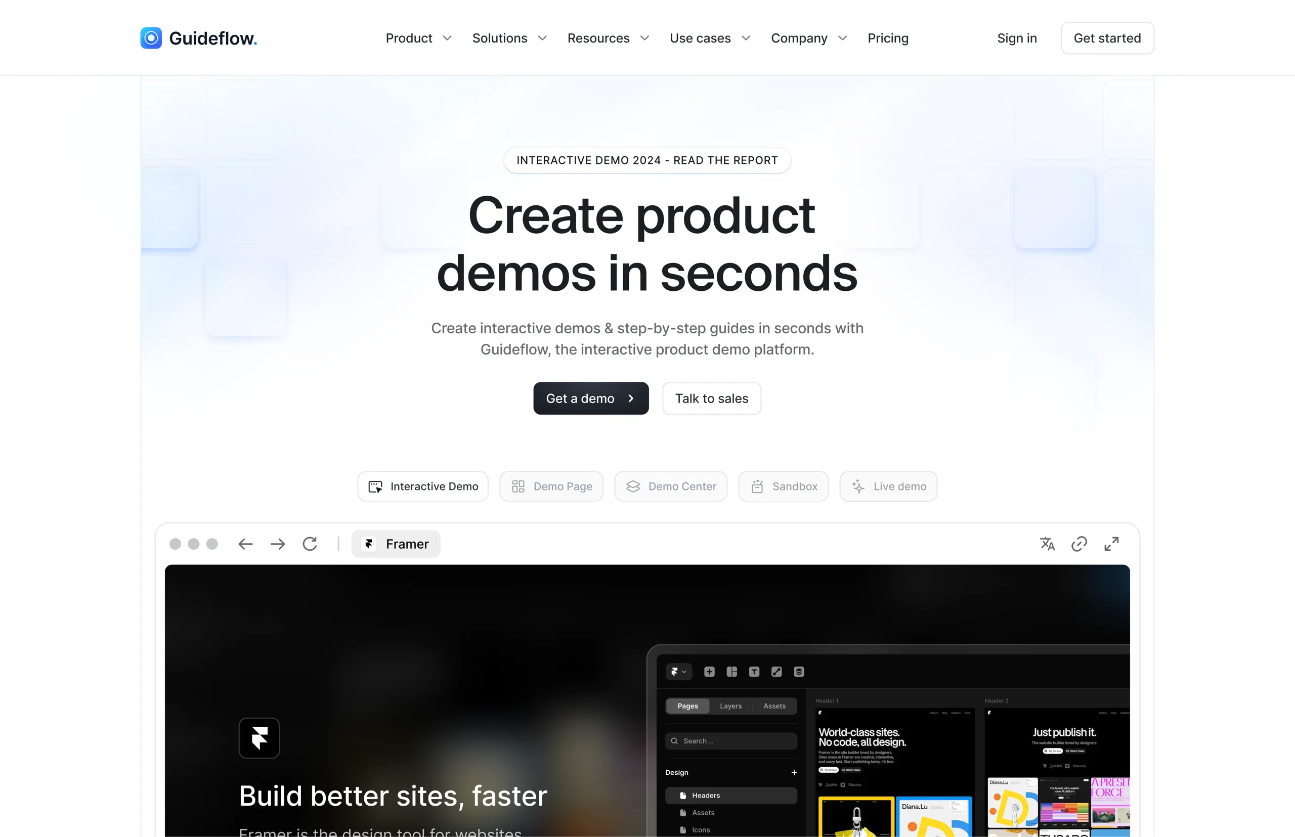 The Guideflow marketing site homepage, headline "Create product demos in seconds"