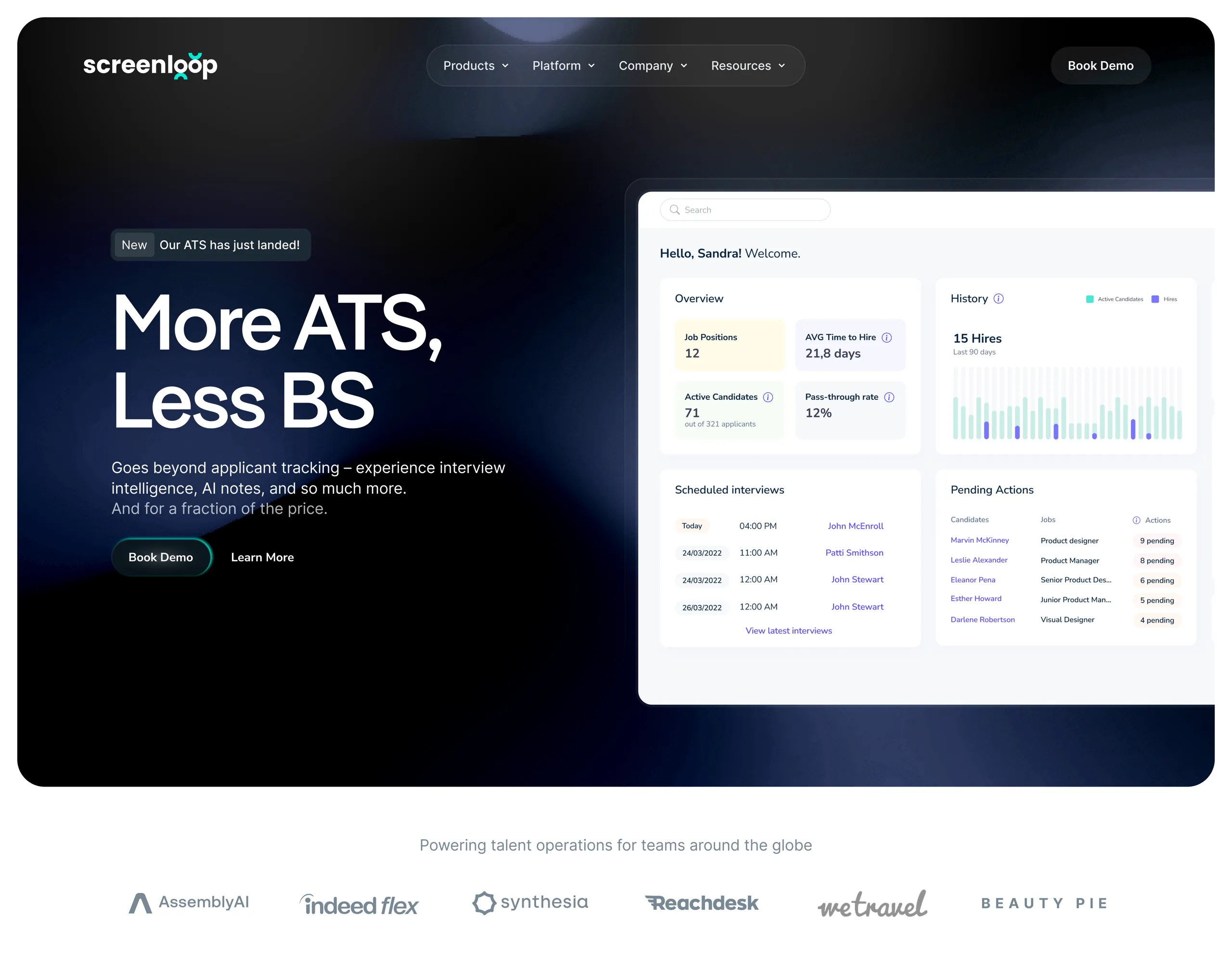 The Screenloop marketing site hero, headline "More ATS, Less BS", showing the hiring dashboard