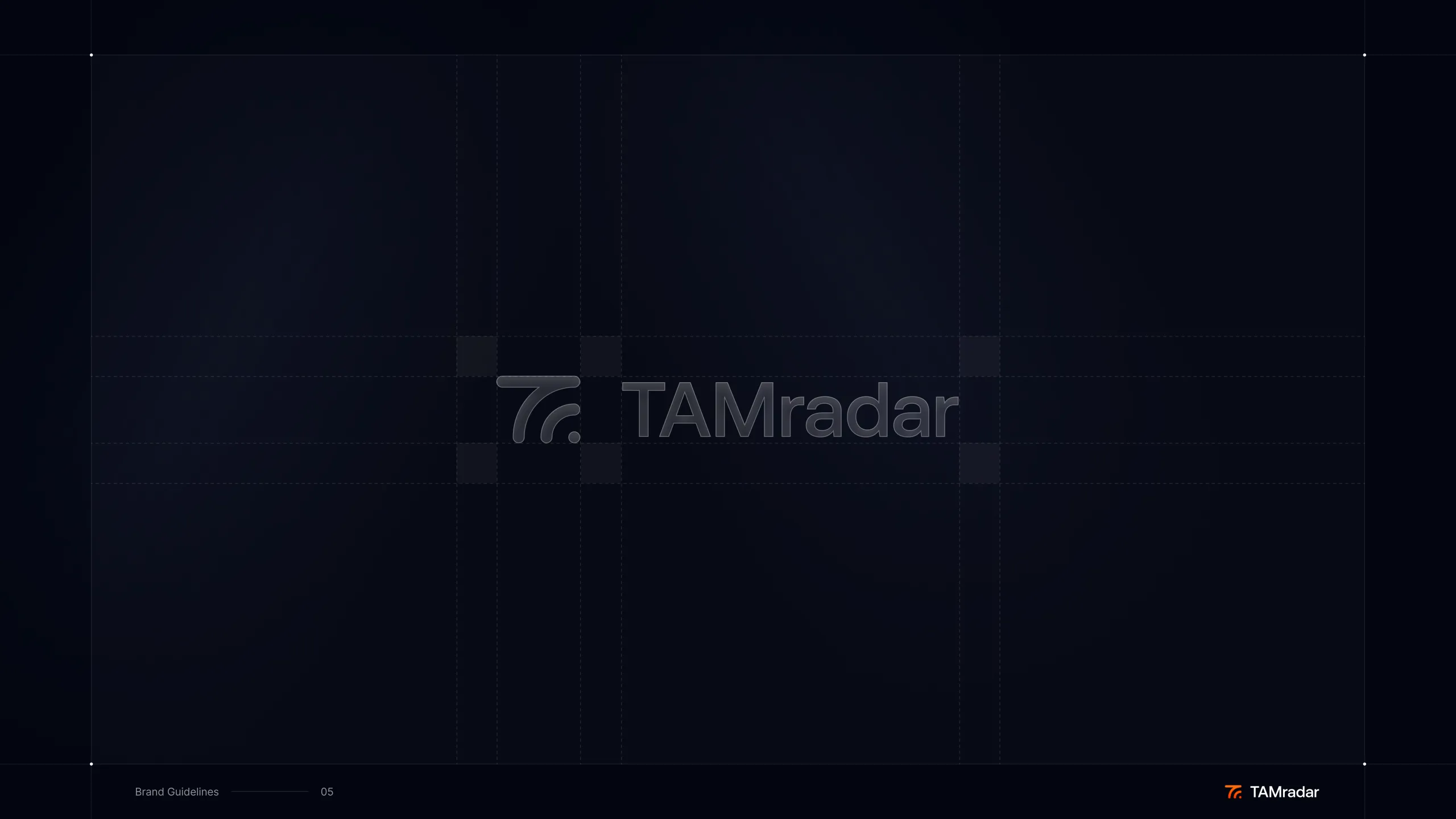 The TAMradar brand guidelines frame: the wordmark on a dark ground