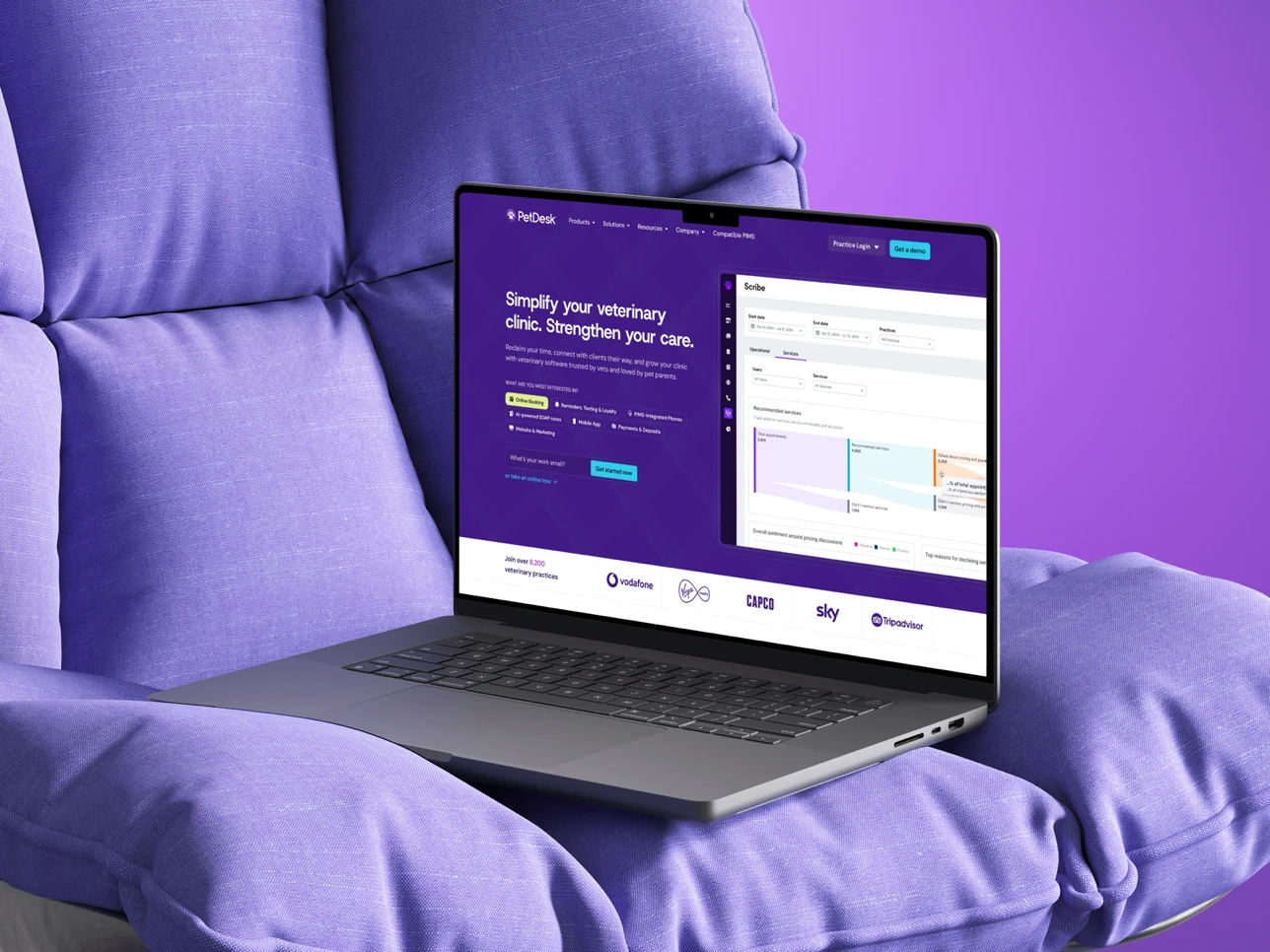 A laptop on a purple seat showing the PetDesk product