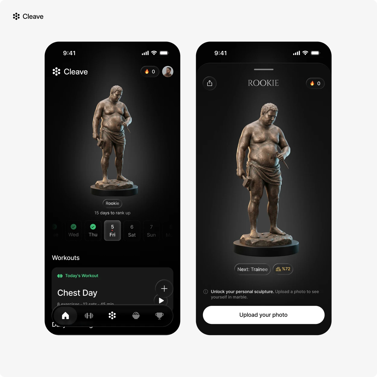 Product design work: two dark phone screens of a fitness app, one a workout home with a weekly strip, one a rank screen