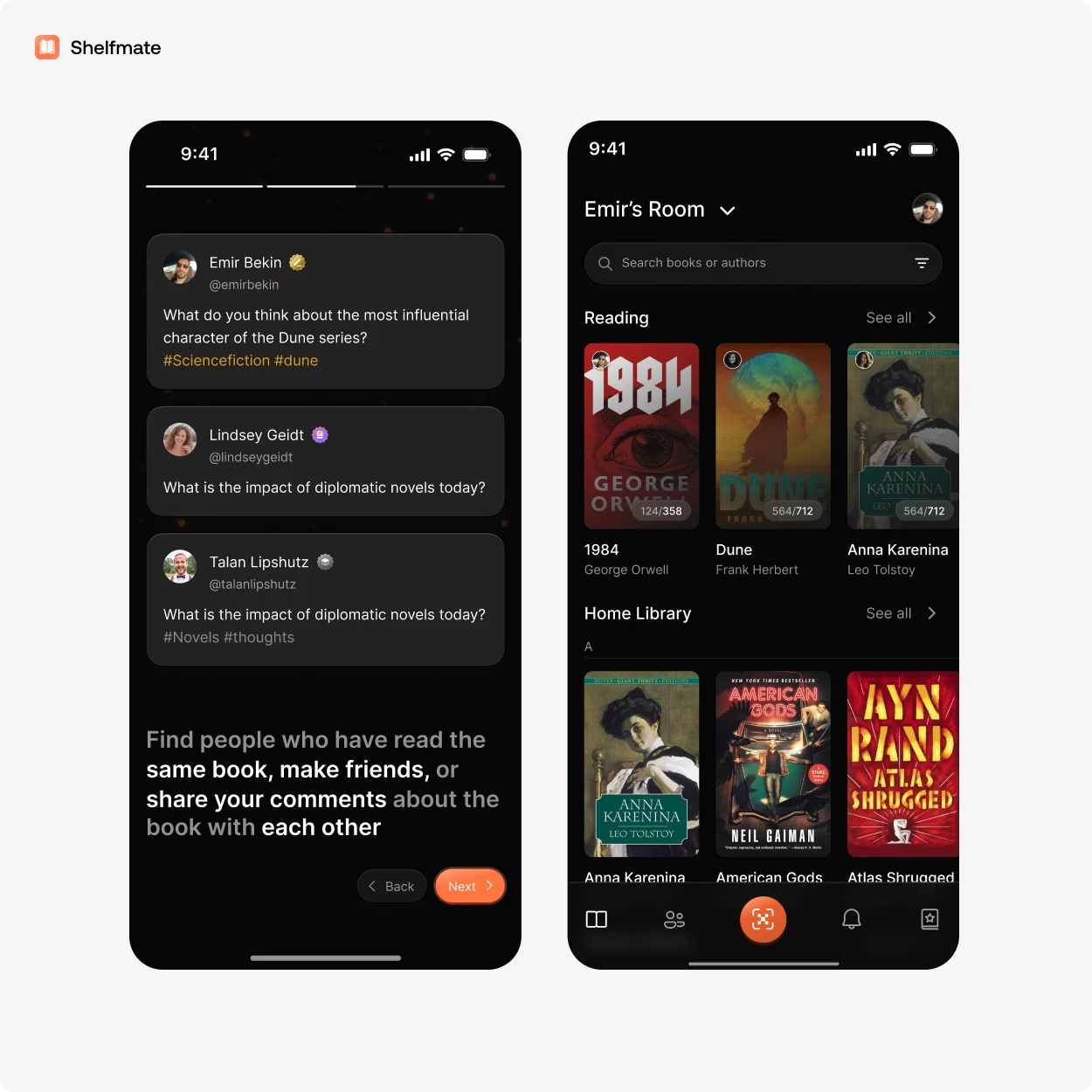 Product design work: two dark phone screens of a reading app, one a feed of book discussions, one a library of covers