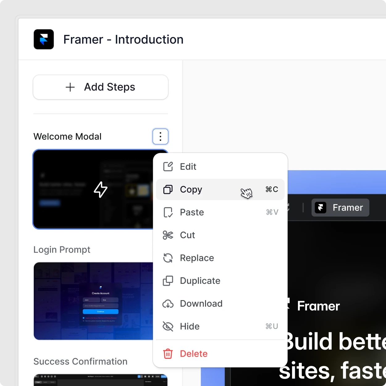 Product design work: an onboarding flow builder, a list of steps with a context menu open over the canvas