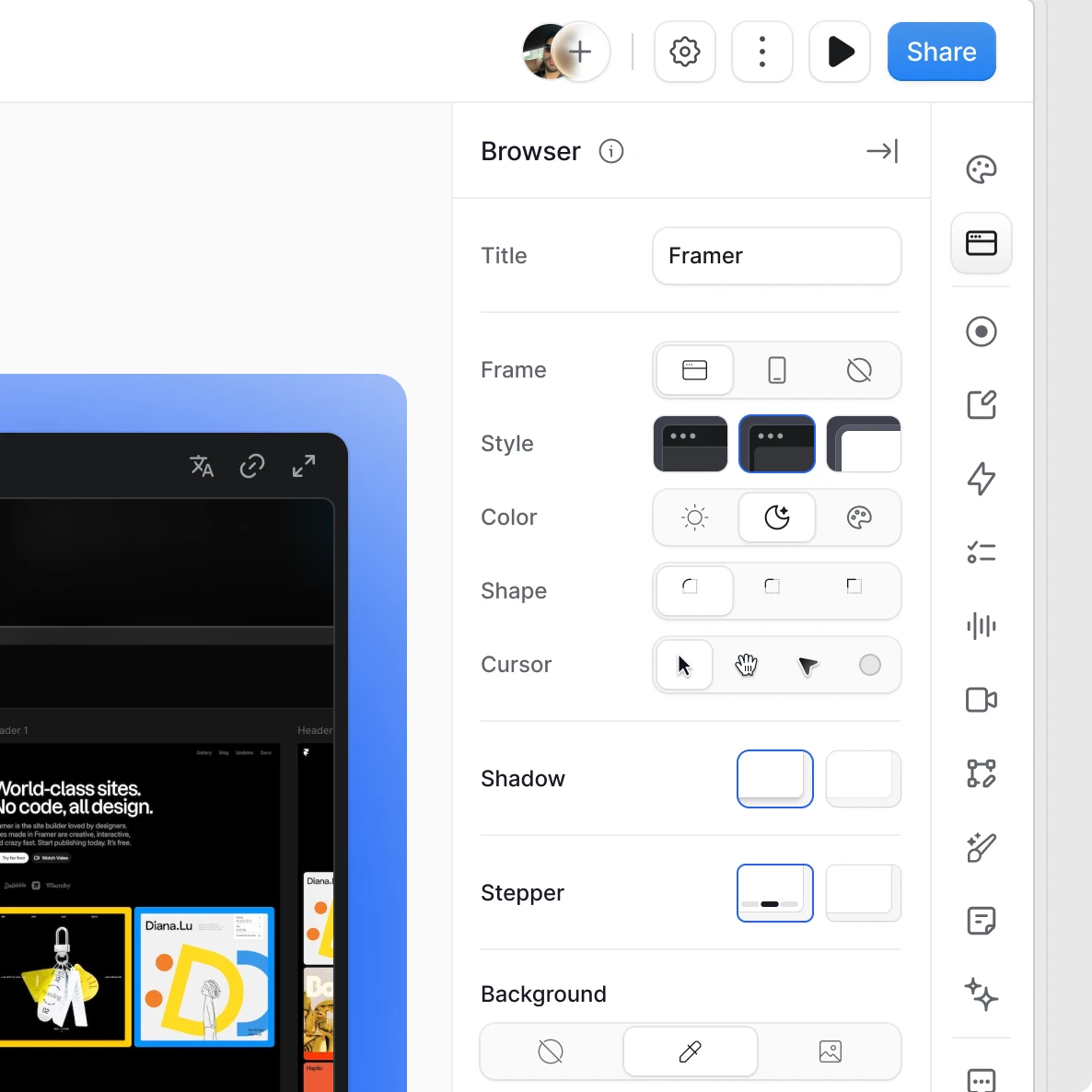 Product design work: a settings panel of frame, style and colour controls beside a live canvas preview