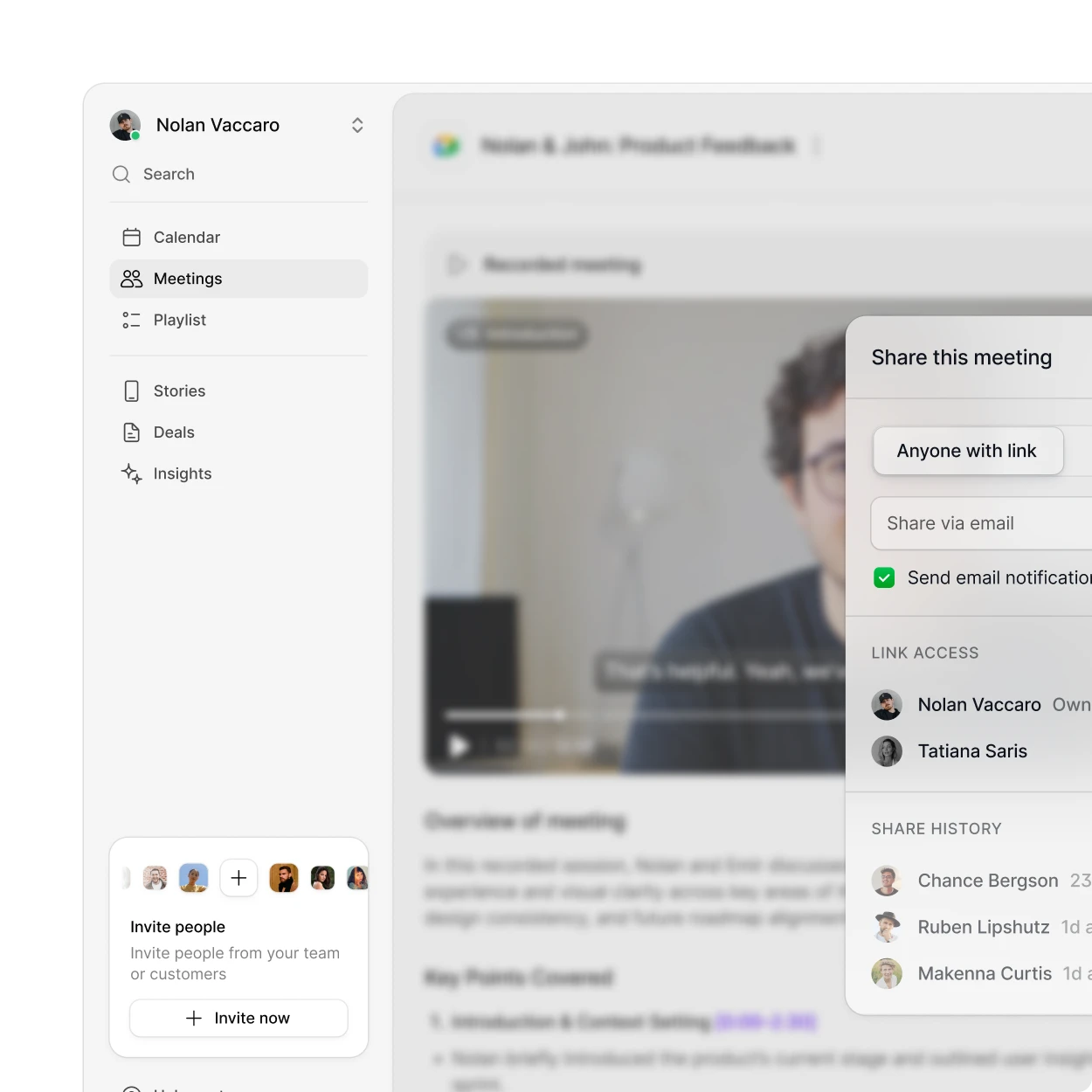 Product design work: a recorded meeting screen with a transcript summary and a sharing dialog open