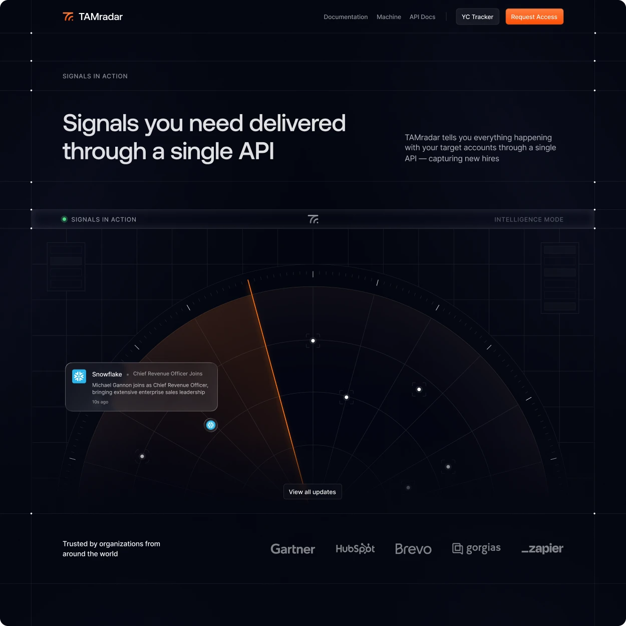 Web design work: a dark marketing site with a headline, a radar diagram and a customer logo row