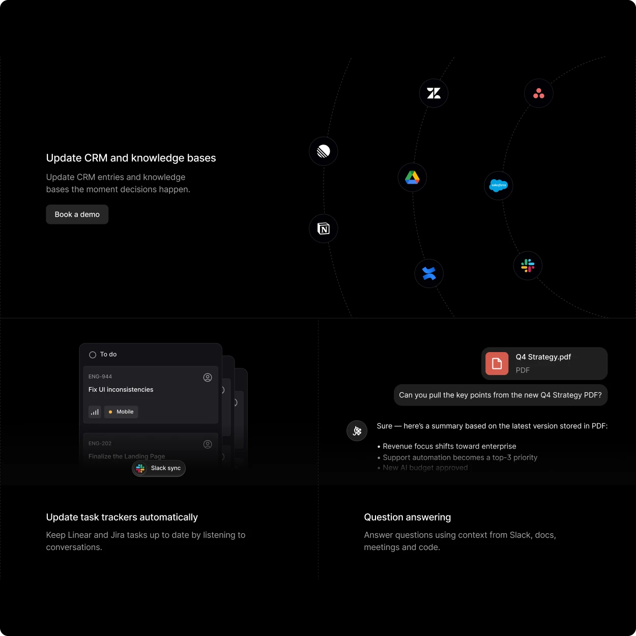 Web design work: a dark feature section, integration app icons on orbit lines beside two supporting cards
