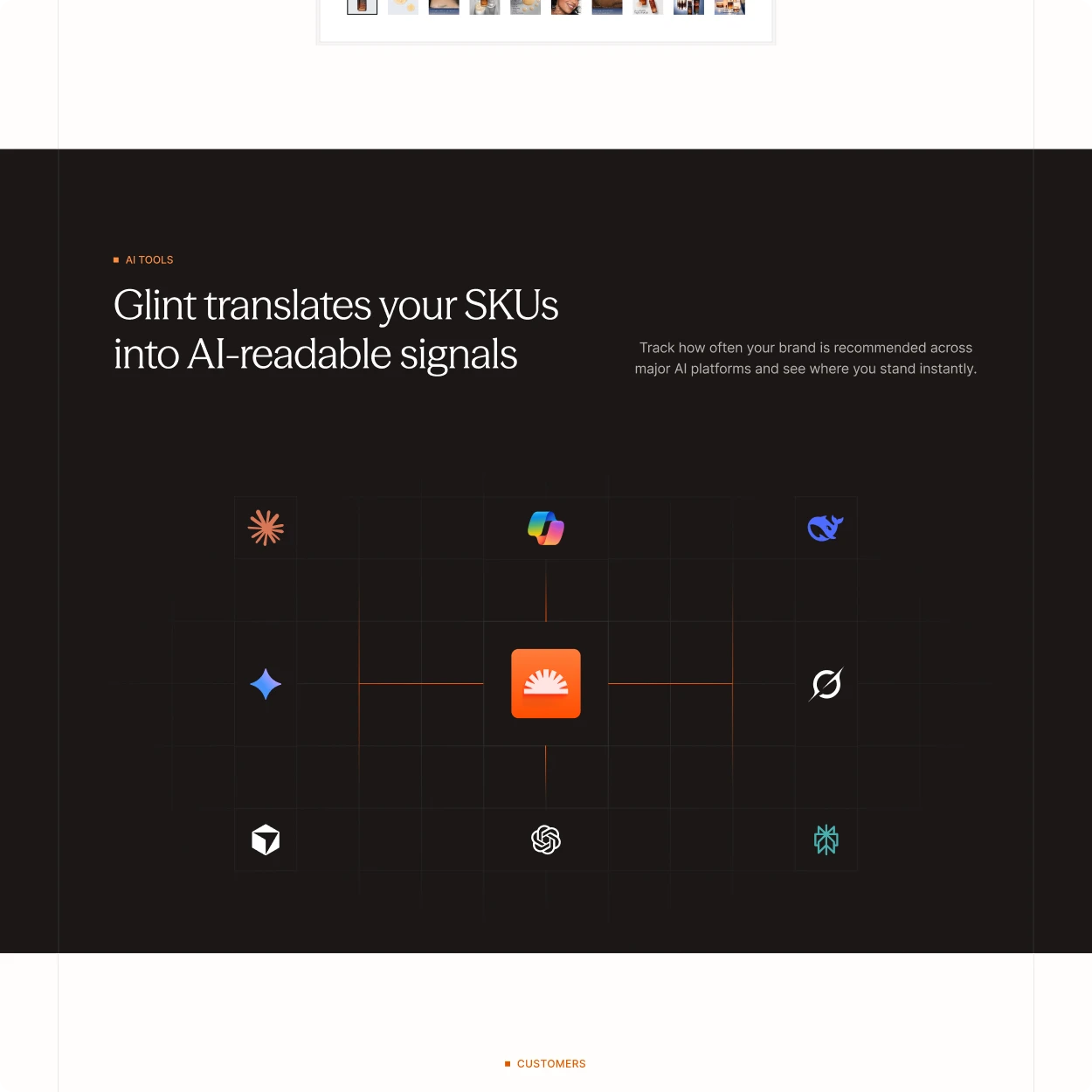 Web design work: a dark band on a marketing site, a headline over a grid of AI platform marks