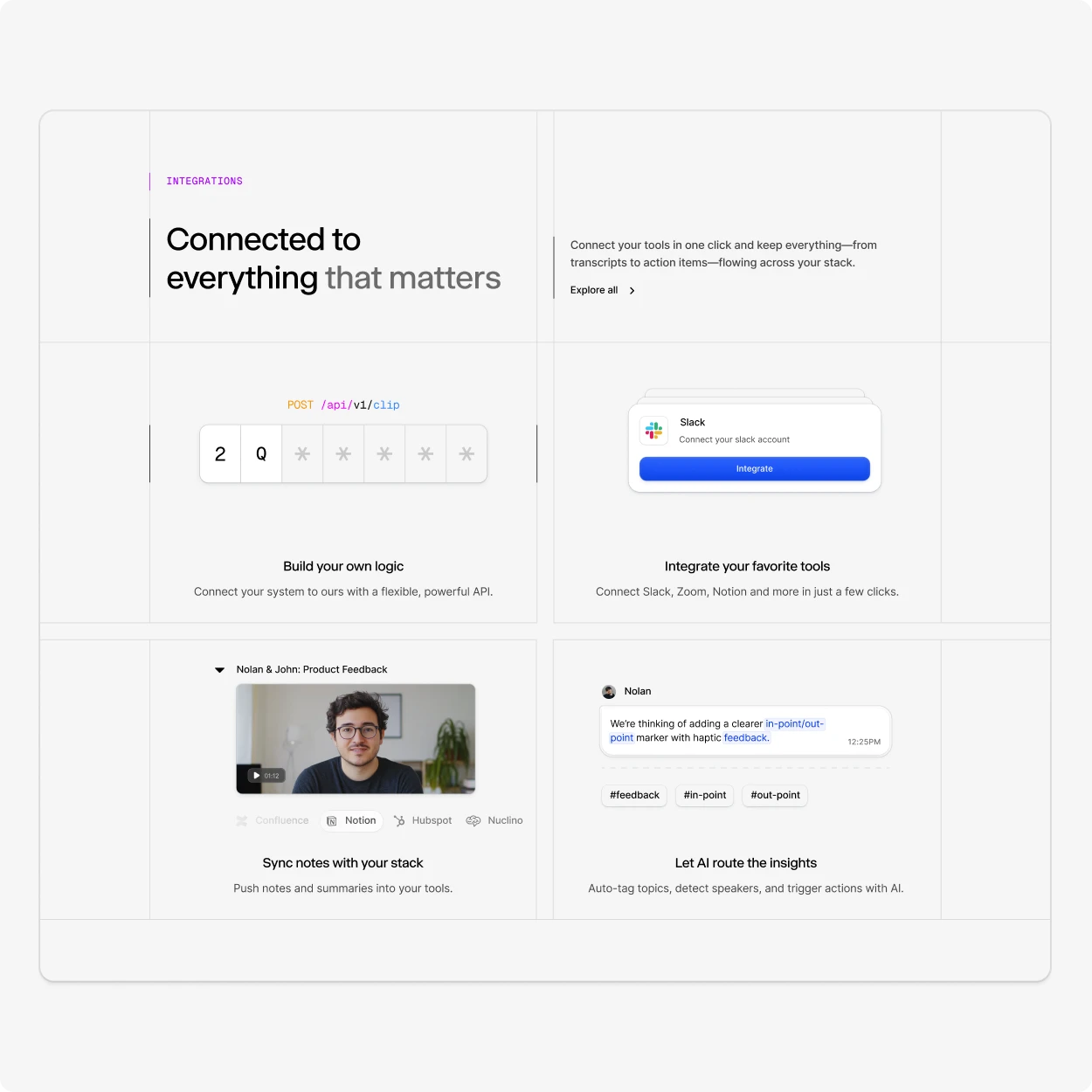 Web design work: a light integrations section, a headline over a four-up grid of feature cards