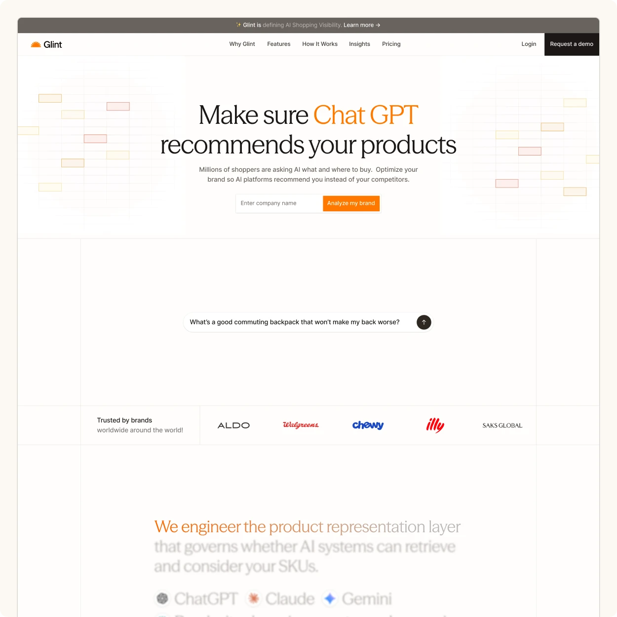 Web design work: a light marketing homepage with a two-line headline, an input field and a brand logo row