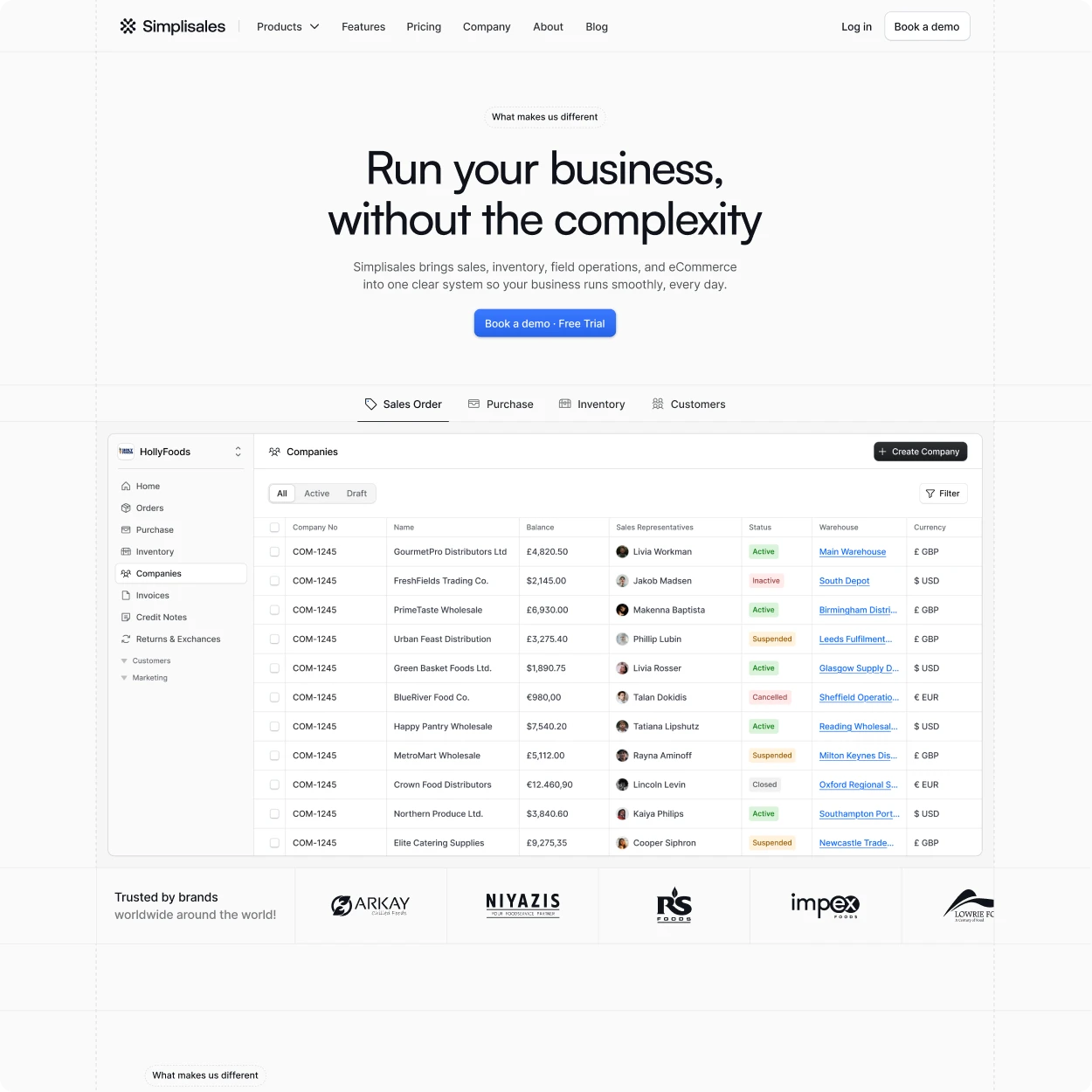 Web design work: a light marketing homepage with a nav bar, a headline and an embedded data table screen