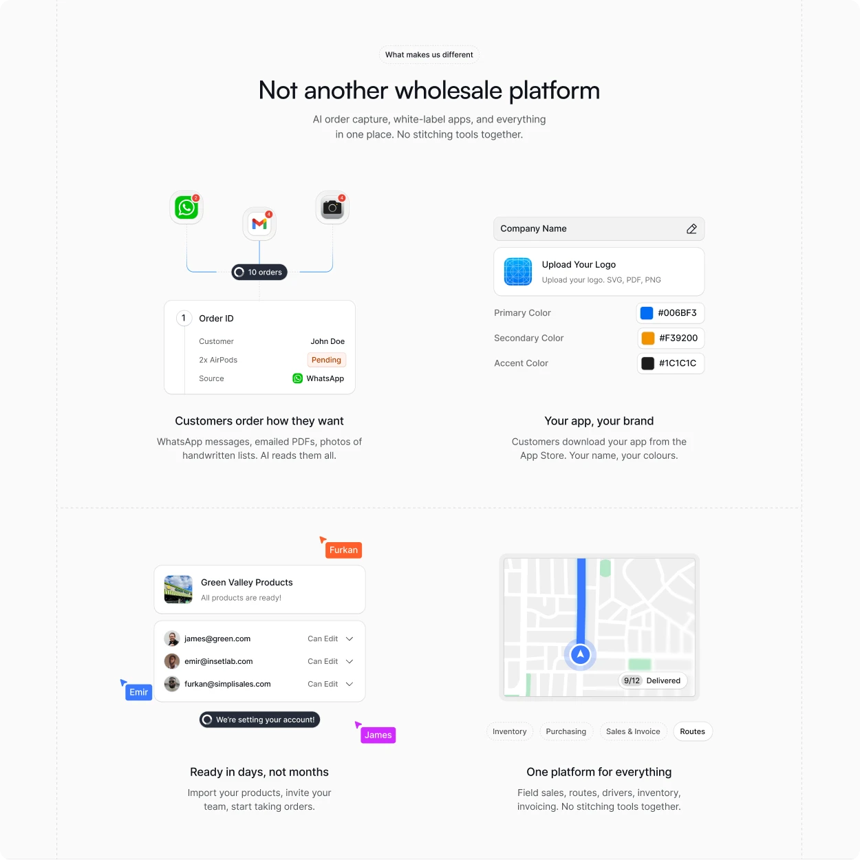 Web design work: a light feature section, four cards on ordering, branding, onboarding and delivery